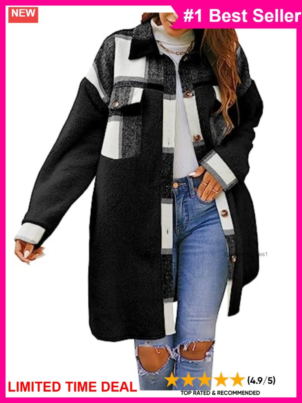 Fuzzy Fleece Shacket Jacket Knee Length Oversized Plaid Coat
